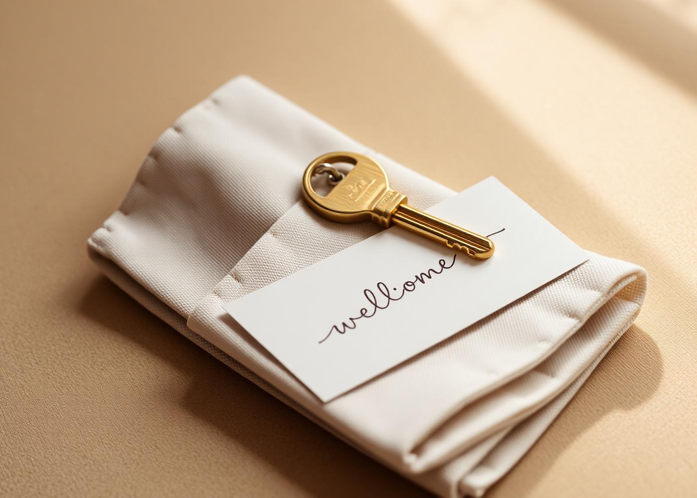 A brass key resting on a folded linen welcome envelope